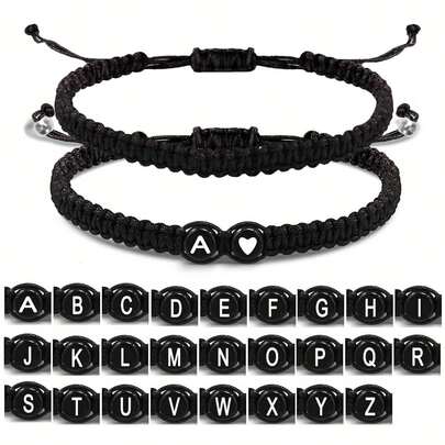2pcs/Set Black & White Heart Shaped 26 Letter Braided Bracelet, Minimalist Versatile Love Heart Jewelry Bracelet Set