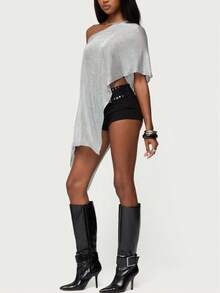 Women Sheer Mesh Poncho Top Crochet Knit Lightweight See Through Shawl Wrap Summer Oversized Loose Shrug Beachwear Swimsuit Bikini Cover Ups - 銀色 - 查看 8