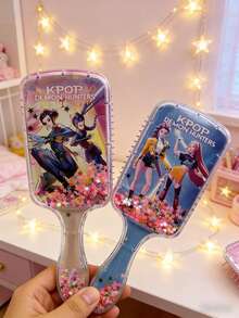 (Random 1pc) K-POP Girl Group Square Air Cushion Hair Brush, Cartoon High-Gloss Long Handle Glitter Filled Hair Brush - Cute & Fashionable Beauty Lover's Gift, Helps Detangle Hair And Scalp Massage - Multicolor - View 2