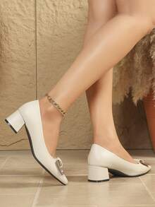 Women's Pointed Toe Elegant Chunky Heel Slip-On Fashion Pumps - Beige - View 4