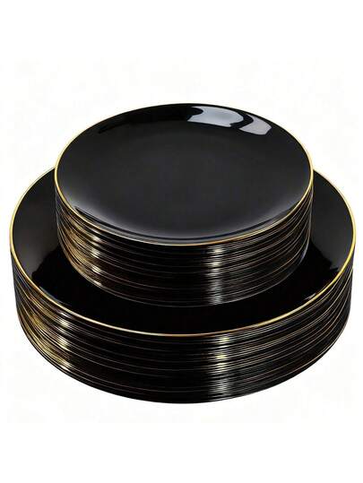 50/25/12pcs Black Rimmed Round Dinnerware Set, Salad Plates, Suitable For Serving Cakes, Desserts, Salads, Burgers, Sandwiches, Sushi, Ideal For Weddings, Easter, Graduation Parties, Outdoor Garden Dining, Valentine's Day, New Year, Mother's Day Gifts, Back To School, Ramadan, Suitable For Various Parties (Full Tableware Set, Plates, Trays, Dishes, Kitchen Utensils)