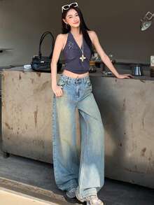 Quần jeans ống rộng dáng suông, đa năng, phong cách retro Mỹ, đã qua xử lý giặt. - Màu xanh lam - Xem 5
