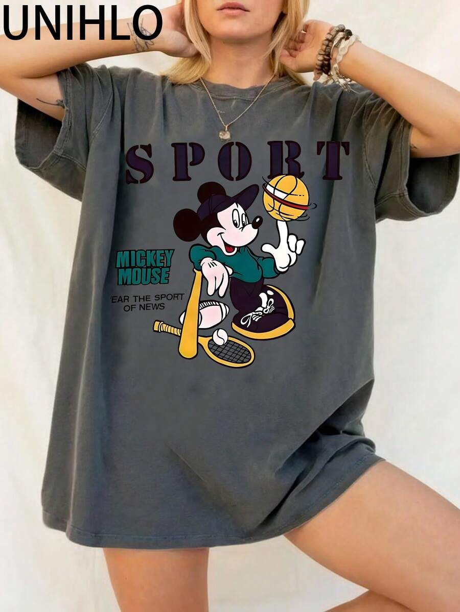 Disney UNIHLO  Mickey  Printed Summer Heavyweight Retro Washed Street Fashion Casual T-Shirt - Black - View 1