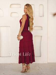 Women's Midi Dress, Knit, Summer, Crochet, Ruffles, Party, Beach, Elegant, Christmas, New Year's Eve, Premium - 焦紅色 - 查看 2