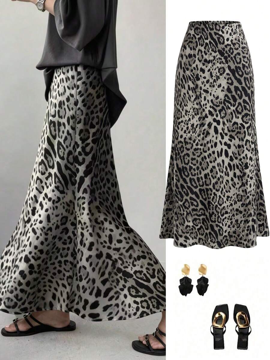 EARO Women's Leopard Print Long Dress, Made Of Comfortable Non-Stretch Fabric, Suitable For Daily Wear Spring - Grey - View 1