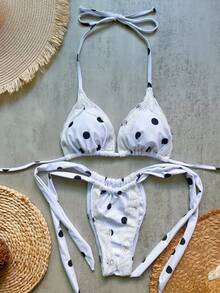 Women Polka Dot Lace Trim Bikini Set With Drawstring Spaghetti Straps Sexy Casual Swimsuit High Stretch - Multicolor - View 8