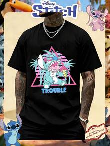 Disney Official Licensed Lilo & Stitch Stitch Trouble Retro Neon Print 220g Cotton Crew Neck Unisex Tee - 黑色 - 查看 1