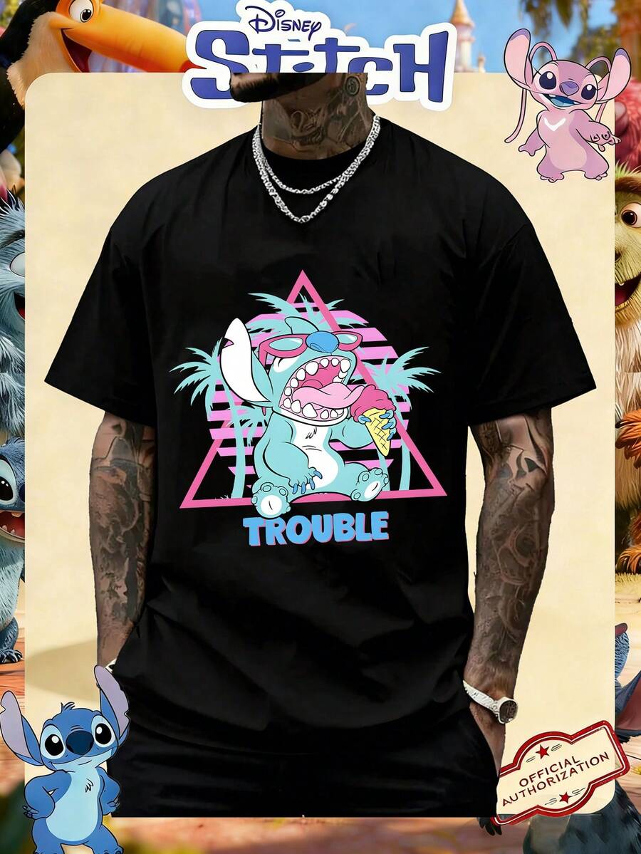 Disney Official Licensed Lilo & Stitch Stitch Trouble Retro Neon Print 220g Cotton Crew Neck Unisex Tee - 黑色 - 查看 1
