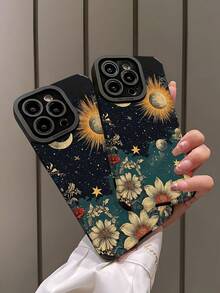 1个复古黑色夜空太阳星星月亮图案竖款仿皮纹理防摔防指纹防震手机壳 - 彩色 - 查看 4