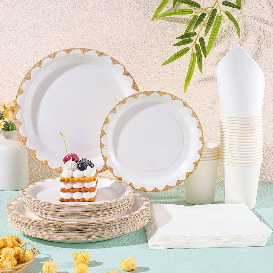 White Rimmed Disposable Tableware Set, Including 7/9 Inch Paper Plates, Paper Cups, Paper Napkins, Suitable For Birthday Parties, Festivals, Gatherings, Picnics, Celebration Events, Wedding Tea Parties, Graduation Ceremonies - White - View 1