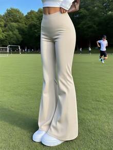 女士高腰纯色喇叭裤，修身运动瑜伽压缩喇叭裤，弹力舒适休闲长裤，适合跳舞和瑜伽，女士夏季春季休闲装 - 杏色 - 查看 5