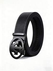 男士纹理PU皮革腰带，配箭头圆形自动扣，金色/银色/黑色镀层扣环，可调节棘轮设计，白色缝线细节，奢华商务休闲风格，父亲节和周年纪念日的完美礼物 - 彩色 - 查看 7