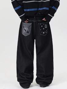1pc Justice Brother Korean Street Style Embroidered Pocket Contrast Stitching Men's Black Loose Fit Wide Leg Jeans, Versatile Casual Pants, All Season - Black - View 2