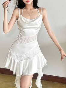 Top Dazzle 女士派对风无袖短裙，吊带针织面料，撞色蕾丝露背不对称下摆 - 白色 - 查看 1