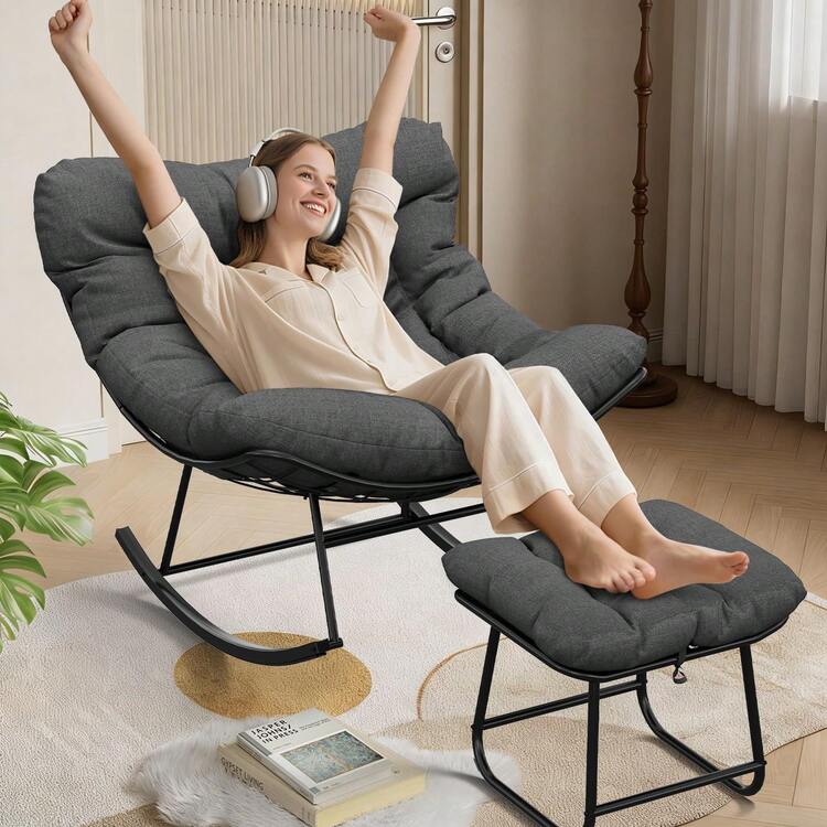 Techigher Outdoor Rocking Chair With Footstool, Oversized Patio Wicker Egg Chair With Thick And Removable Cushion, Metal Frame, Comfy Rocking Lounge Chairs For Living Room, Balcony, Yard & Porch - Grey 1 - View 2