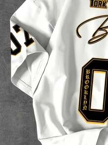 男士 Brooklyn 07 印花T恤，休闲宽松短袖圆领上衣，醒目的字母和数字设计，可机洗，街头风，舒适日常穿着，百搭，街头时尚 - 白色 - 查看 4