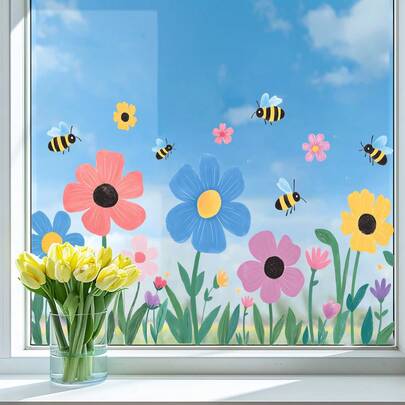 1pc Colorful Floral & Bee Window Sticker, Self-Adhesive Removable, Fresh Style Window Glass Decor