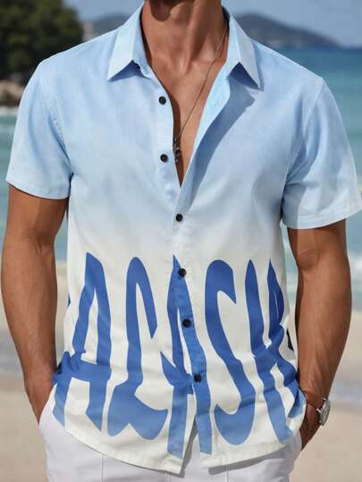 男士户外透气衬衫，Polo领设计，单排扣，渐变色设计，字母图案，适合户外徒步、篮球、运动、度假和日常休闲穿着。