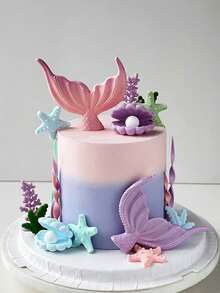 8pcs Purple Mermaid Cake Decorating Kit, Including Seashells, Mermaid Tails, Starfish Decor, Bringing Unparalleled Joy And The Most Beautiful Moments To Your Family And Friends. Bring Dreamy And Gorgeous Decor To Your Party. - Multicolor - View 2