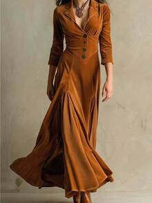 HERTALK Women's Button-Down Long Dress, Retro Three-Quarter Sleeve Asymmetrical Hem Vacation Dress - 棕色 - 查看 3