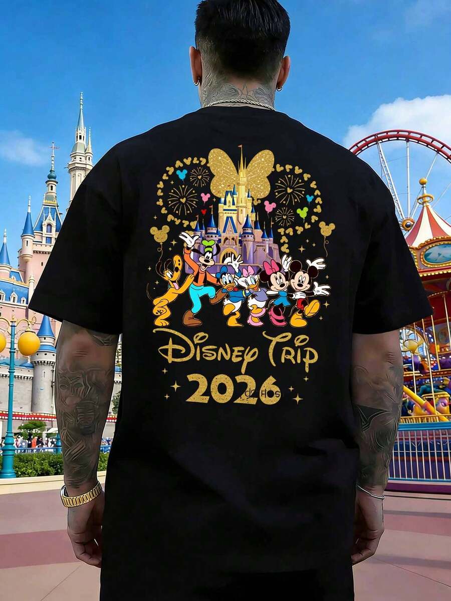 Disney 2026 Limited Edition Mickey Mouse And Friends Castle Pattern Short-Sleeve T-Shirt, Men's Summer Crew Neck T-Shirt, Comfortable And Soft Pure Cotton Men's T-Shirt, Suitable For Everyday Outings, Commuting, And Parties Men Clothes. - Black - View 1