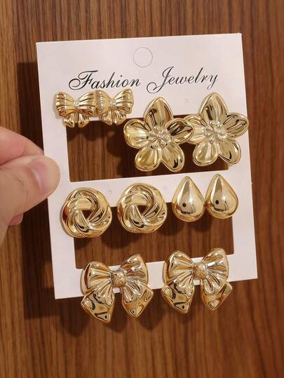 10pcs Fashionable Metallic Flower & Bow Earring Set, Women's Stylish Earring Jewelry Set, Lightweight CCB Material For Daily Wear