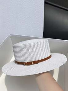 新款草帽 女士宽檐遮阳帽 平顶帽 法式复古简约休闲沙滩遮阳帽 时尚百搭，涤纶材质，防风防紫外线，春夏款 - 帽子 - 查看 5