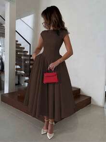 优雅简约时尚休闲复古喇叭短袖纯色褶皱拉链女士长连衣裙，适合晚宴、度假、上学、办公、海滩、夏季等场合。 - 棕色 - 查看 5