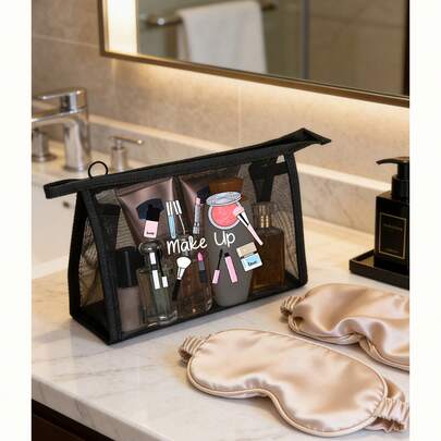 网眼化妆包，发饰图案，多功能化妆包，可收纳发夹、发带等，红色气垫便携收纳包，化妆包，护肤包，旅行必备，宿舍用品，浴室收纳，珠宝收纳，唇油和化妆品收纳包，书包，节日必备化妆包，化妆品收纳，婚礼新娘礼物，母亲节礼物，生日礼物，送给朋友和老师的礼物