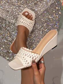 White Crochet Wedge Mules Women Square Toe Braided Strap Wedge Heel Sandals - Off White - View 6