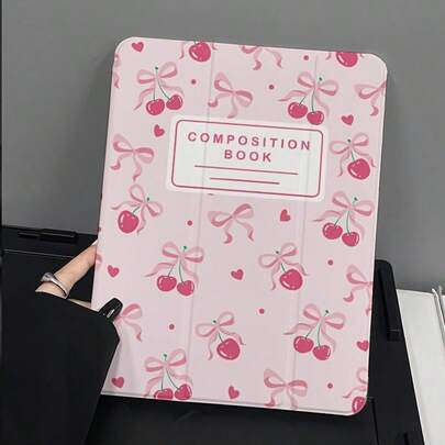 粉色樱花蝴蝶结笔记本/保护套，三折支架，自动休眠/唤醒，透明后盖带笔槽，适用于 10/9 代、Air 4/5、Pro 11 英寸