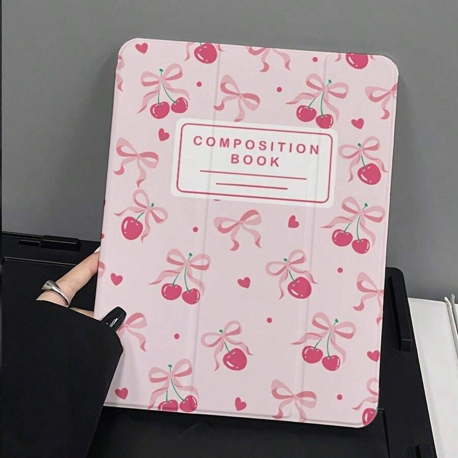 粉色樱桃蝴蝶结笔记本保护套，自动唤醒/睡眠三折支架，防震，带笔插，适用于 10/Air 5/11 M3/Pro 11 - 粉色 - 查看 1