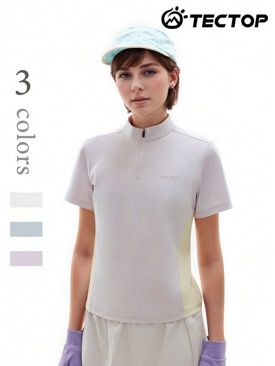 TECTOP Women's Short Sleeve Tee, Activewear Yoga T-Shirt, Breathable Stretchy Fabric, 1/4 Zip Mock Neck - Mauve Purple - View 1