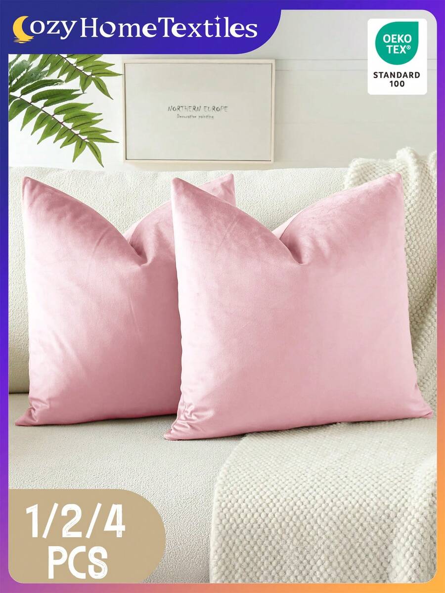 Bộ 1/2/4 vỏ gối nhung màu hồng trơn, vỏ gối trang trí mềm mại, vỏ gối, bộ đồ giường, chỉ có vỏ gối (không kèm ruột gối), khóa kéo, thích hợp cho ghế sofa, phòng ngủ, phòng khách và nhiều loại phòng khác, vỏ gối nhung mềm mại, thoáng khí và thân thiện với da, đồ dệt gia dụng ấm cúng, thích hợp cho mọi mùa, trang trí nhà cửa mùa thu, kích thước 45*45 inch, trang trí phòng, chứng nhận Oeko-Tex