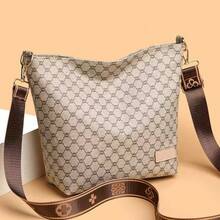 Women's Elegant Handbag, Large Capacity PU Wide Strap Brown, Beige Shoulder Bag, Versatile Daily Commute Tote, Multi-Function Shoulder Travel Bag - Multicolor - View 12