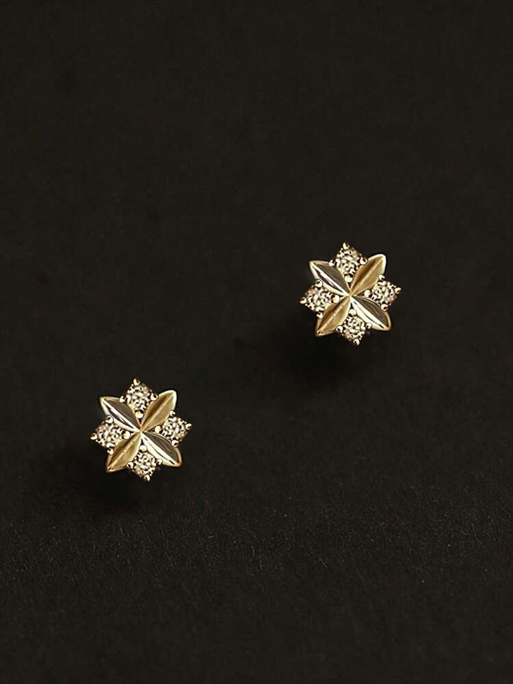 1 Pair S925 Sterling Silver Lucky Four-Leaf Clover Stud Earrings, Women's Rhombus Zirconia Inlaid Small Flower Petals Earrings, Sweet Elegant Ins Style Niche Earrings, Versatile For Daily Wear And Gifts - Four Leaf Clover - View 12