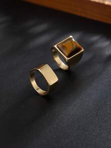 2件套时尚街头朋克嘻哈风格几何金属戒指，男士日常休闲佩戴 - 金黃色 - 查看 3