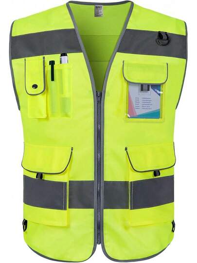 TCCFCCT Safety Vest Men Women 9 Pockets High Visibility Vest Safety, Reflective Work Vest With Reflective Strips, Meets ANSI/ISEA Standards, (Yellow, Large)