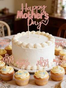 Muttertags Rosegold "Alles Liebe zum Muttertag" Cupcake Topper, Muttertags Kuchendekoration, Glitzer Herz "Beste Mama" Kuchendekoration, Rosegold "Beste Mama" Themen Party Kuchendekoration, geeignet für Muttertagsfeier - Mehrfarbig - Übersicht 2