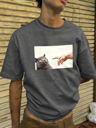  Fractyr 男士休闲街头摇滚嘻哈风宽松短袖T恤 | 可爱猫咪印花设计 | 精致细节 | 春夏必备单品 | 百搭舒适纯棉 | 送朋友的最佳礼物 | 展现独特个性