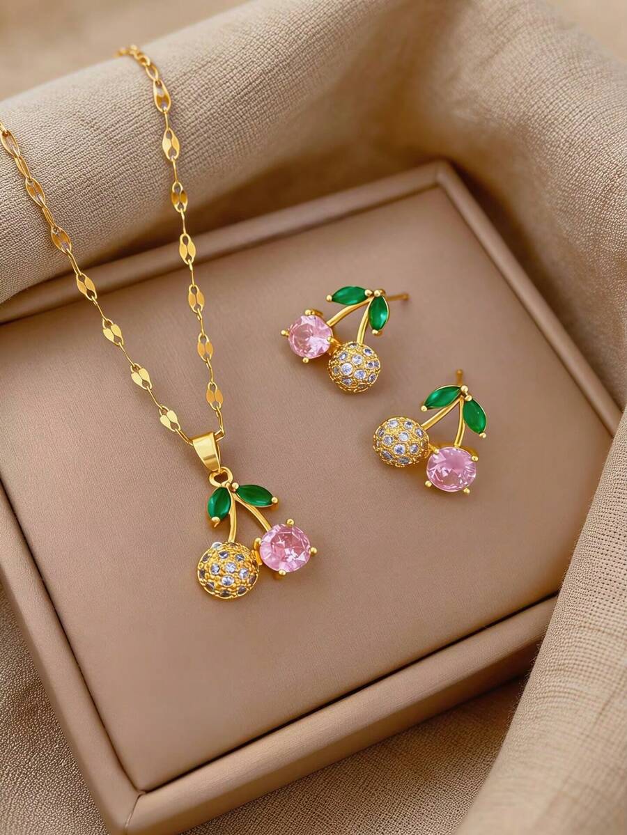 1 Set Stainless Steel Pink Cherry Necklace & Earrings Set, Fully Paved Luxury Micro-Inlaid Personalized Banquet Jewelry Gift - Multicolor - View 1