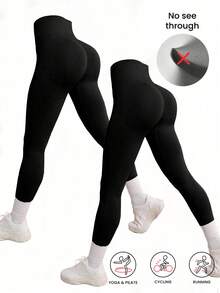 2pcs/Set Women High Waist Tight Yoga Pants, Sports Fitness Running Leggings, Summer Long Pants - Black - View 2