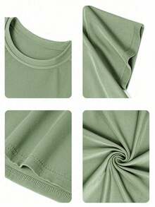 Camiseta de cuello redondo de manga corta con estampado informal para niños preadolescentes, top de verano - Verde - Ver 5