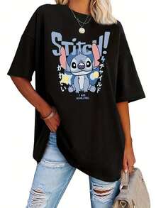 Disney, Stitch, Lilo & Stitch, I Am Amazing, Graphic Tee, Oversized T-Shirt, Crew Neck, Side Slit, Women's Top, Casual Wear, Spring Summer, Japanese Style, Cartoon Print - Black - View 1