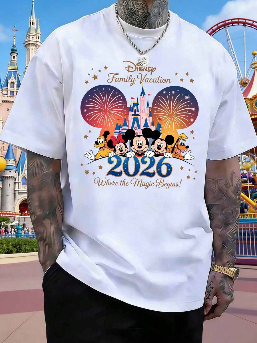 Disney 2026 Mickey Mouse Head Castle Fireworks Print T-Shirt, Men's Summer Crew Neck T-Shirt, Comfortable, Soft, Pure Cotton, Breathable T-Shirt, Suitable For Everyday Wear, Outings, Commuting, Parties, And More. - White - View 1