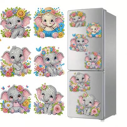 6pcs Diamond Art Elephant Fridge Magnets, Diamond Painting Magnet Kit Suitable For DIY Crafts Gifts Fridge Mailbox Decor
