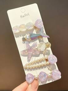 5 piezas Pinzas para el cabello con diseño de concha de sirena lindas, Pinzas para el cabello con estrella de mar de perla rosa, Accesorios para el cabello con tema dulce del océano - Multicolor - Ver 6