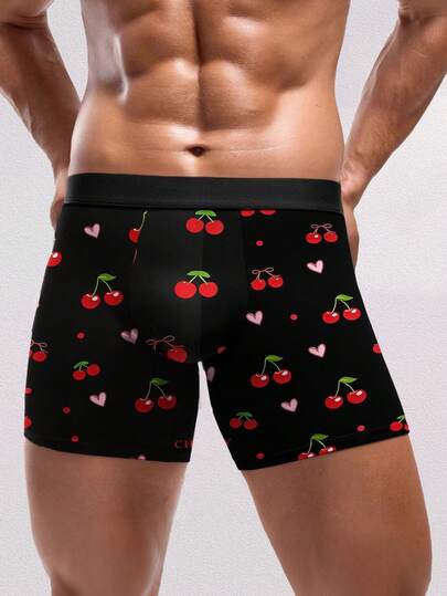 1-Pack Men's Boxer Briefs With Heart Cherry Print And Text Pattern, Machine Washable, Fun And Casual Men's Underwear For Daily Wear, Home, And Social Gatherings, Valentine's Day Gift, Versatile Everyday Boxer Briefs For Men