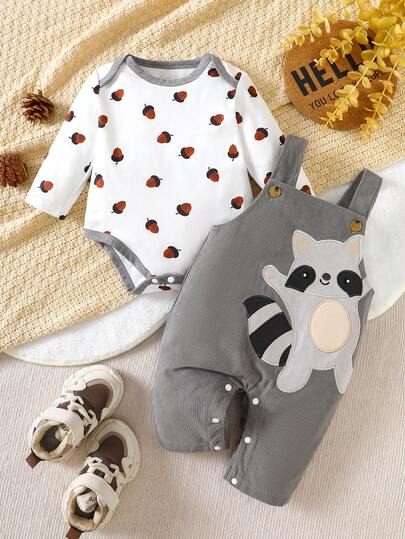新生儿男女宝宝可爱浣熊刺绣灯芯绒连体衣+背带裤两件套，适合春秋季穿着