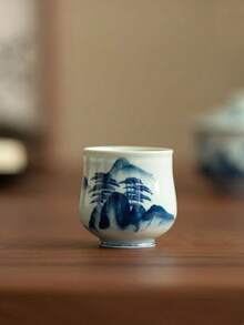 1个/2个/4个全新复古青瓷釉零钱包杯，陶瓷茶杯，功夫茶具，中式釉下彩绘青山图案个人主杯，客杯，适合赠送长辈、亲戚、老板。适合日常使用、聚会、派对。 - 彩色 - 查看 2